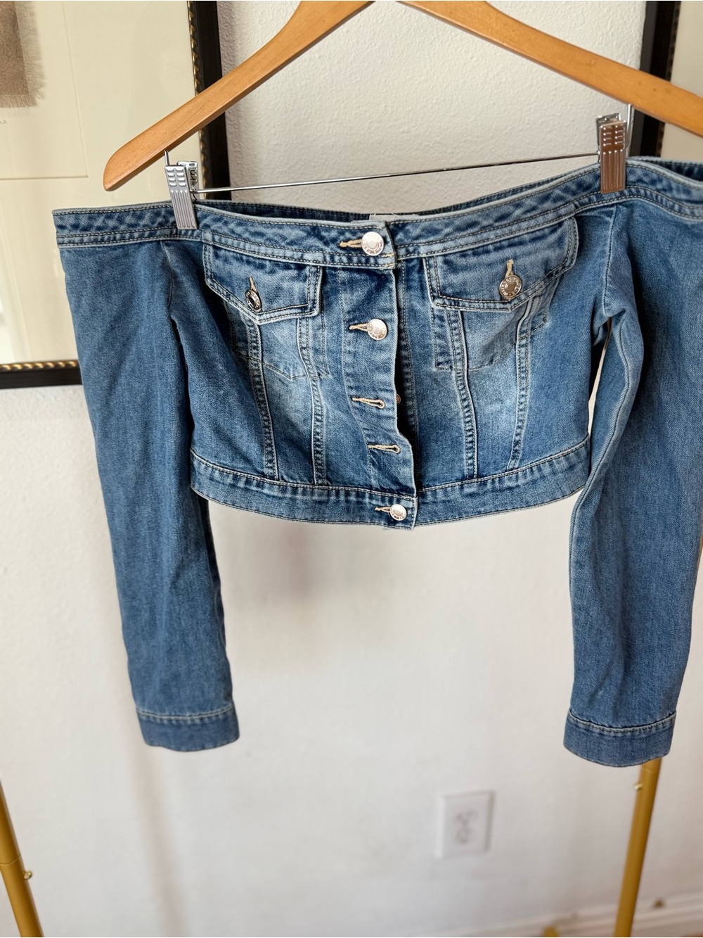 Crop Off-Shoulder Denim Jacket - Blue
